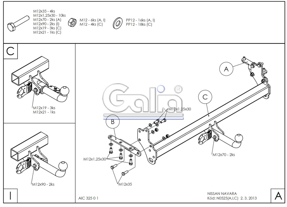 Фаркоп оцинкованный Galia N052A для Nissan Navara D40 2005-(паспорт и сертификат в комплекте)(без электрики)