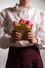 Блузка с рюшами и воротником-стоечкой из смесового льна, Айвори