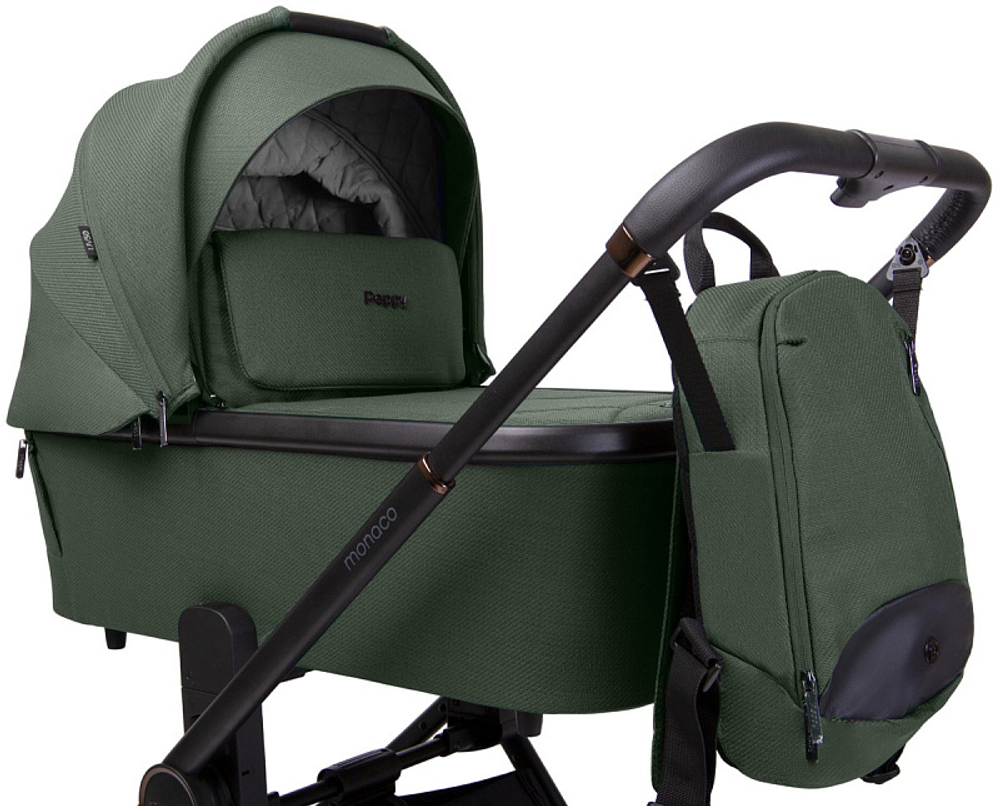 Детская коляска Peppy Monaco 3 в 1 с автокреслом Rise Oliva Green (зеленый), рама черная