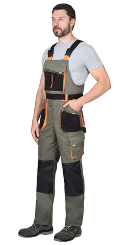 Полукомбинезон "МАНХЕТТЕН" оливковый с оранжевым и чер. тк. мех. стрейч пл 260 г/кв.м