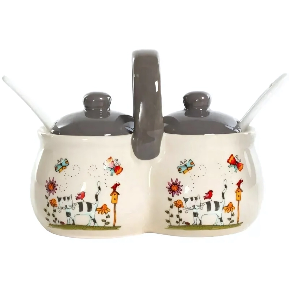 Набор д/специй 2-х секционный 250мл с ложками и крышками Полосатый Кот