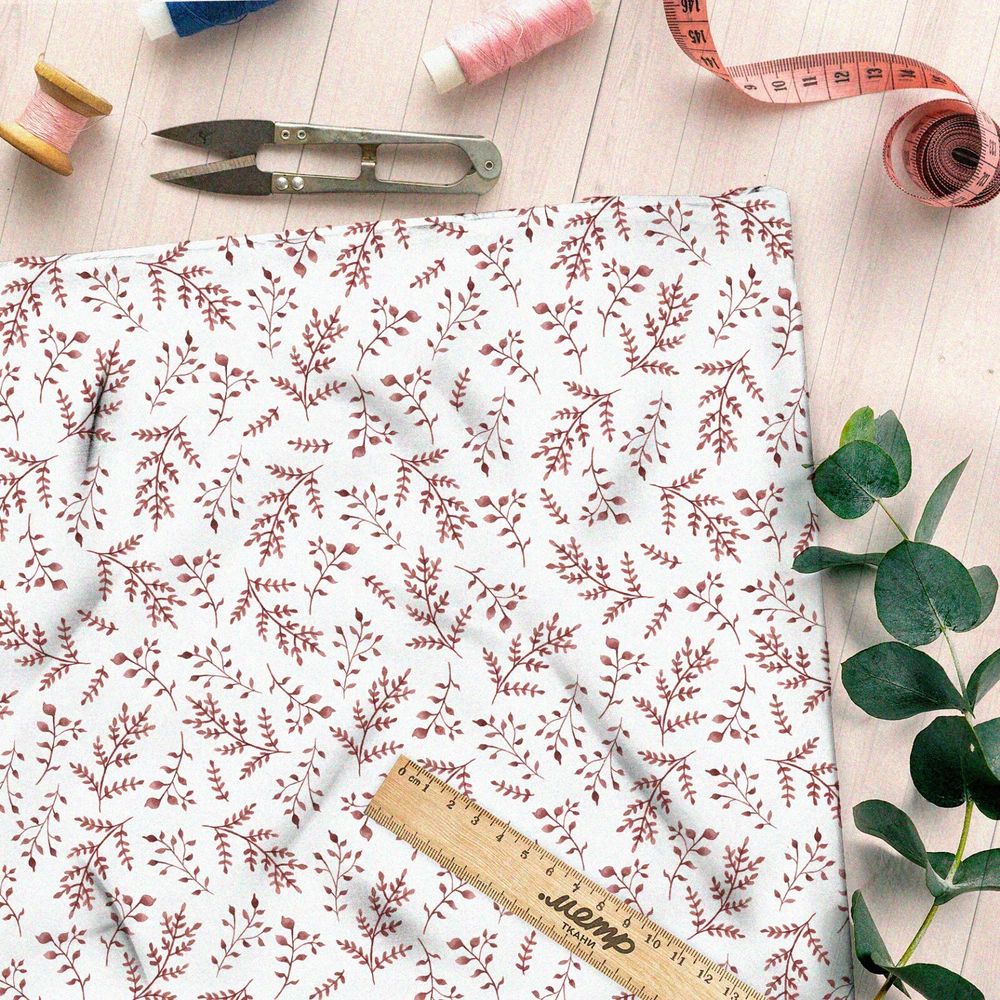 Ткань лён осенний гербарий на белом фоне