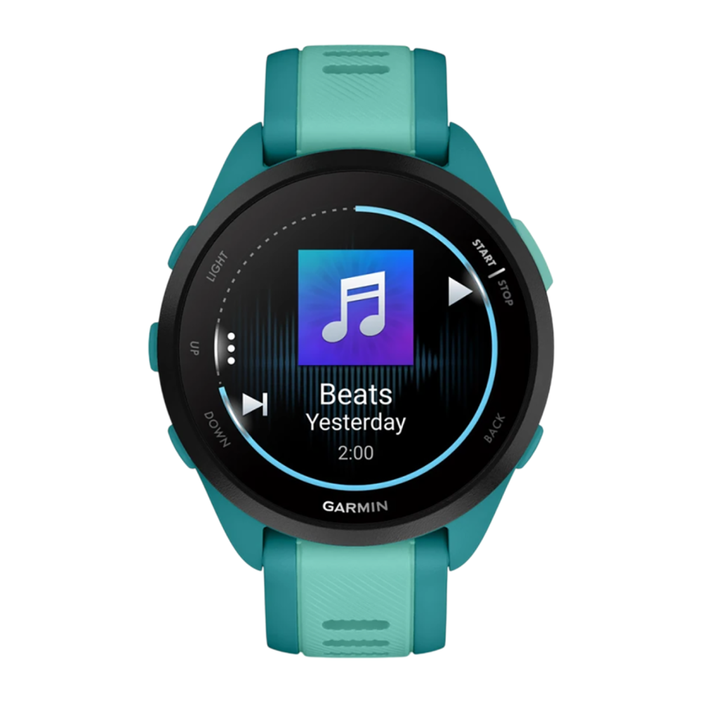 Спортивные часы Garmin Forerunner 165 Music, силиконовый ремешок цвета бирюзовый/«аква» AMOLED-дисплей. Ремешок с классической застёжкой — на запястье обхватом 126–203 мм