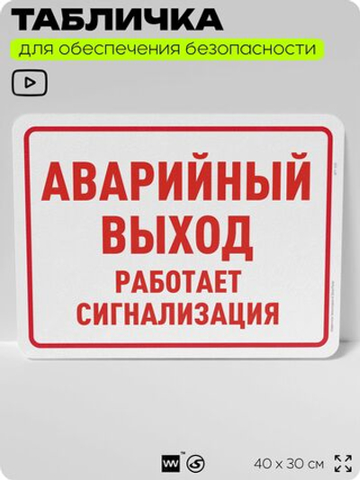 Табличка для обеспечения безопасности "Аварийный выход, сработает сигнализация", для офиса, по охране труда для предприятия, организаций, 40х30 см, Silver Plane x Айдентика Технолоджи