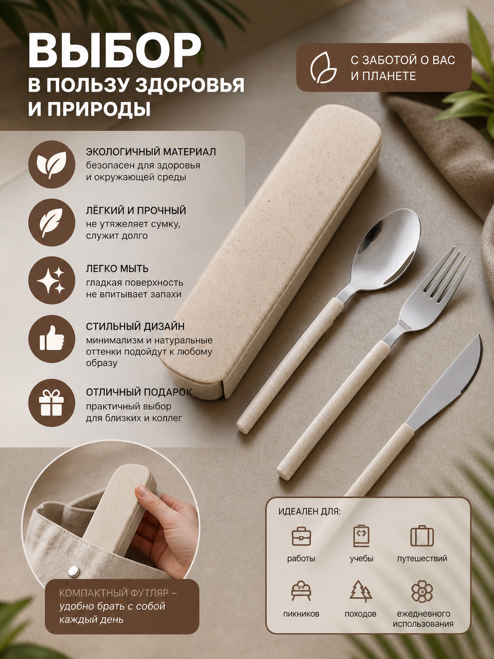 Набор столовых приборов «ЭкоЛайф» 3шт (ложка, вилка, нож) в футляре, бежевый
