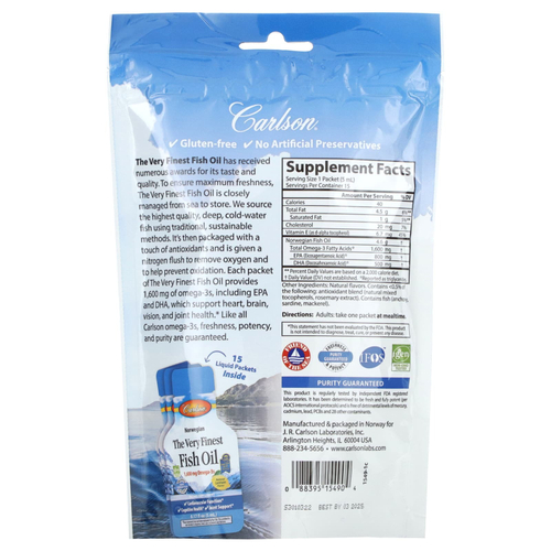 Carlson, Norwegian, самый лучший рыбий жир, натуральный лимон, 15 пакетиков (5 мл) каждый