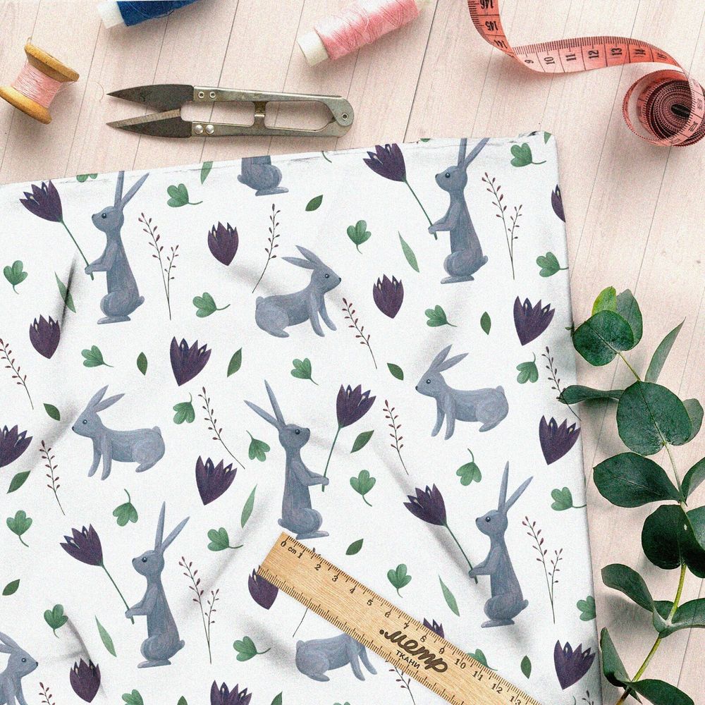 Ткань барби серые зайцы с цветами