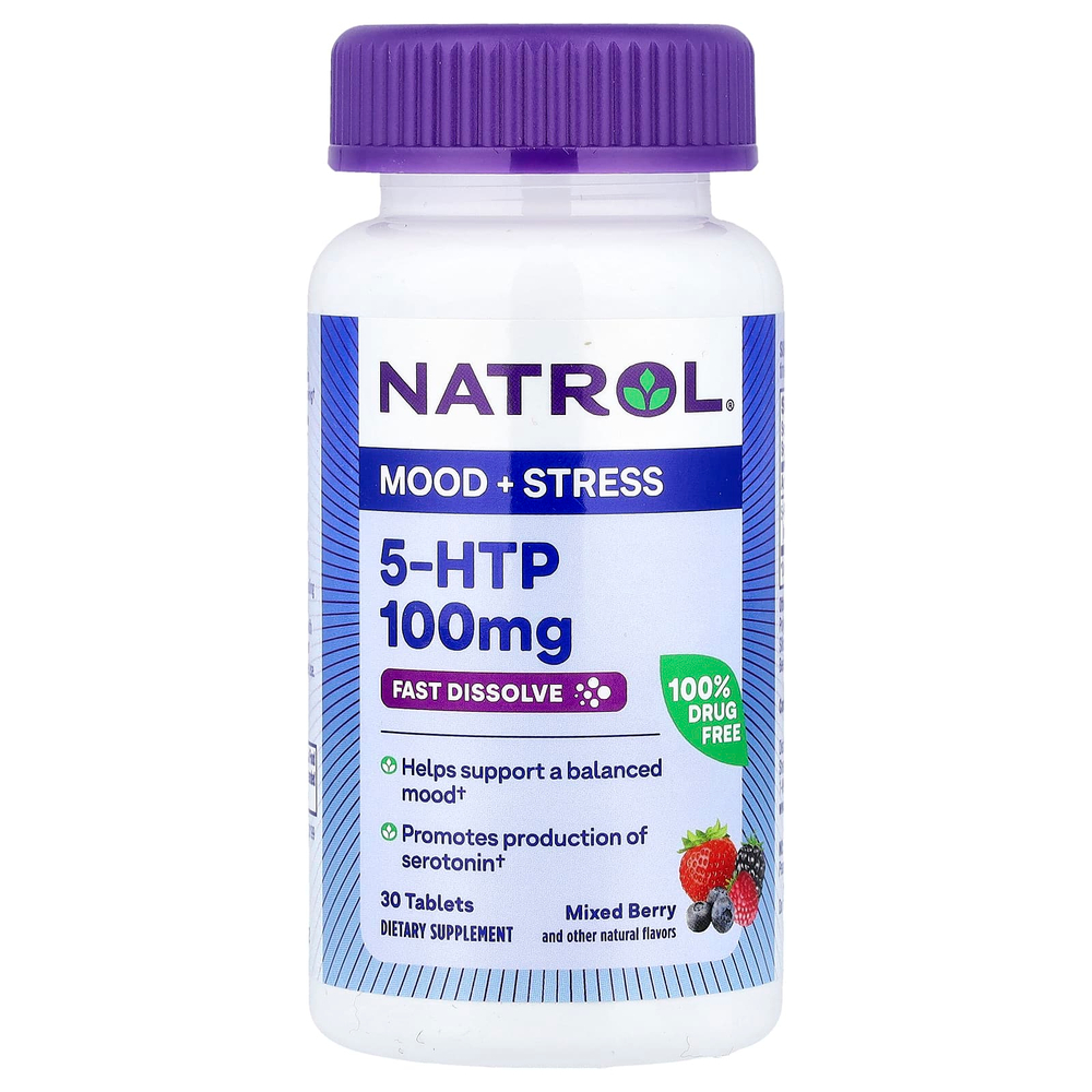 Natrol, 5-HTP, быстрорастворимый, особо эффективный, вкус диких ягод, 100 мг, 30 таблеток