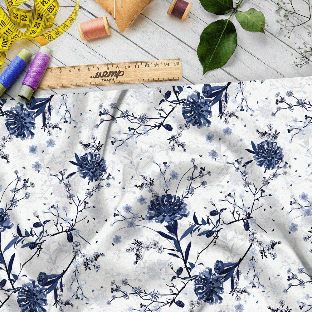 Ткань шелк Армани зимние цветы на белом фоне