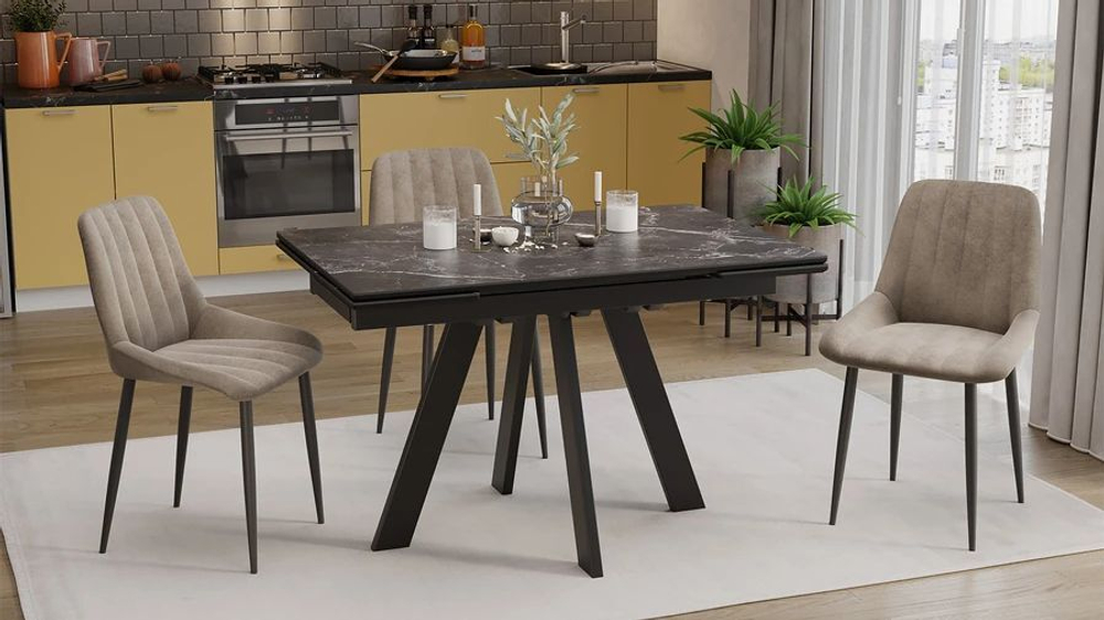 Стол кухонный обеденный раздвижной Черный муар/Керамика матовая черный мрамор 120(180)х80х77 см