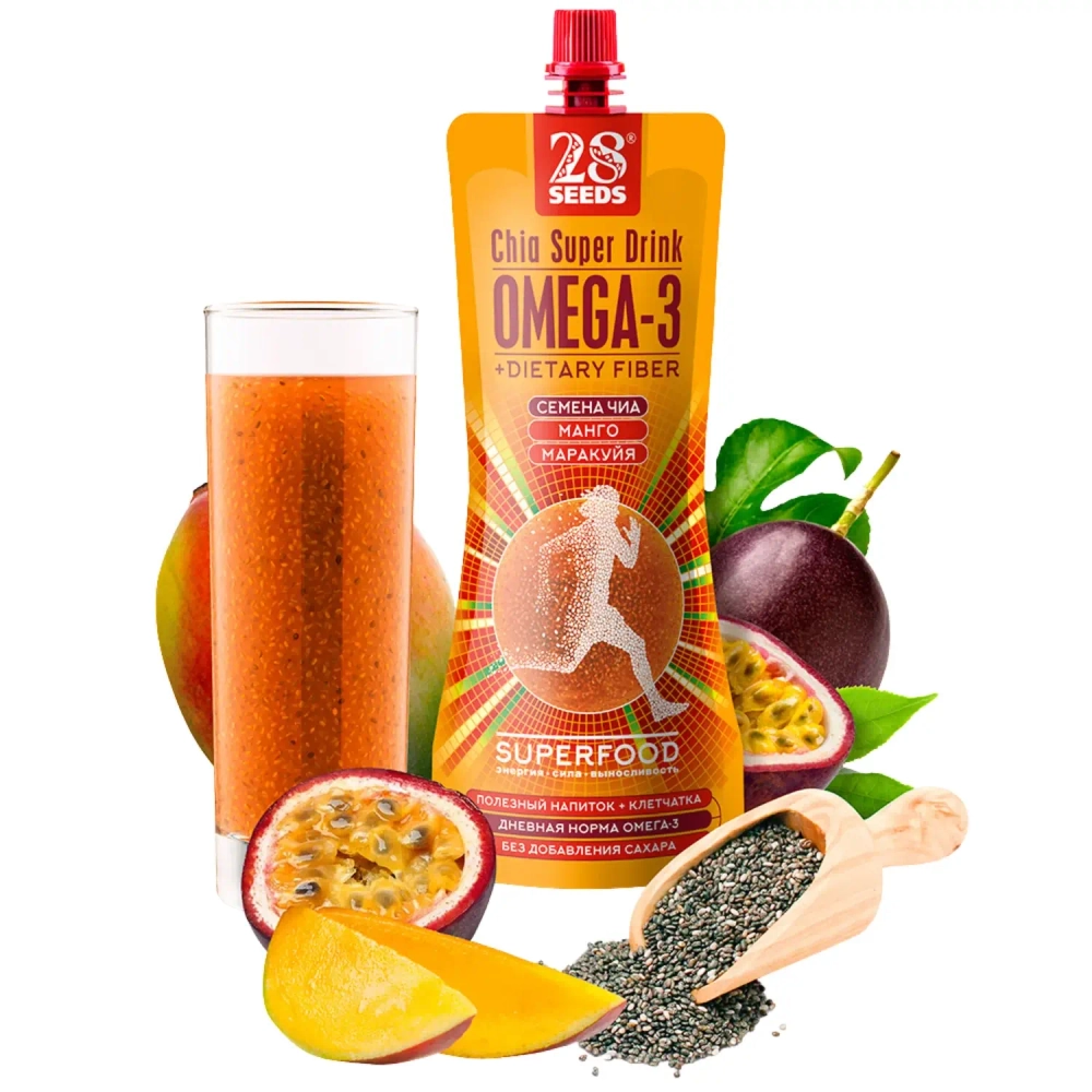 Напиток ЧИА ОМЕГА-3 «Манго + Маракуйя» 250 мл 28SEEDS — натуральный тропический напиток с семенами чиа, манго и маракуйей
