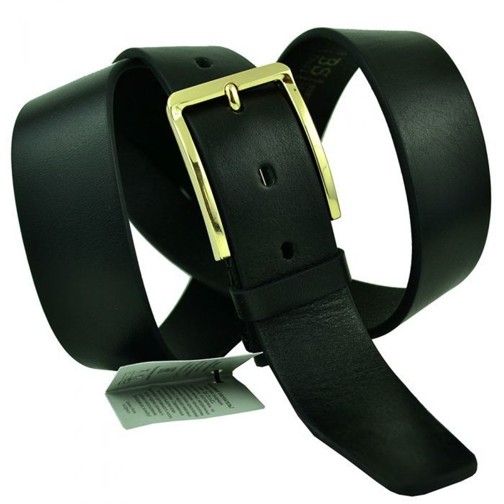 Ремень мужской брючный чёрный кожаный 35 мм с жёлтой золотистой пряжкой 35BS-055