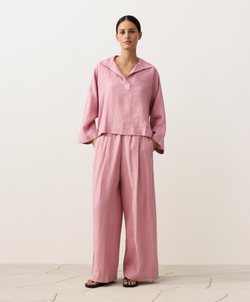 Oysho Рубашка-поло оверсайз с длинными рукавами из 100%-го льна, светло-розовый