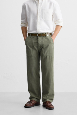 ZARA БРЮКИ REGULAR FIT ИЗ ТКАНИ С ЭФФЕКТОМ ПОТЕРТОСТИ, ТЕМНЫЙ ХАКИ