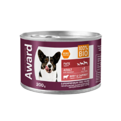 Влажный корм AWARD для взрослых собак паштет из говядины с морковью 200г - 12 шт