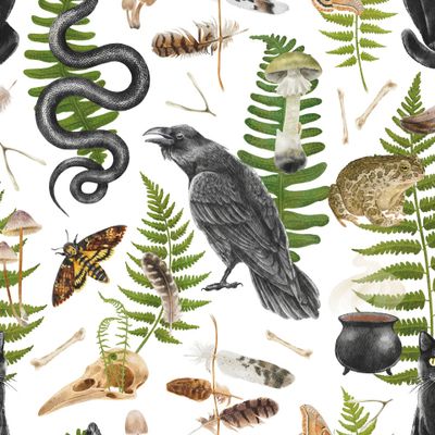 Ведьминский узор с папоротниками на белом