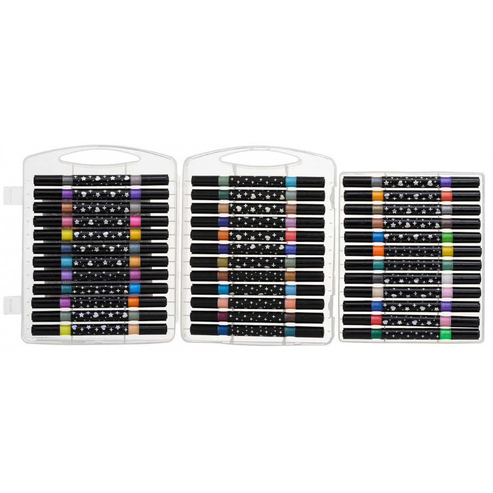 Фломастеры Basir, серия "Блёстки", разноцветные, двусторонние, в прозрачном пластиковом футляре, набор 36 шт