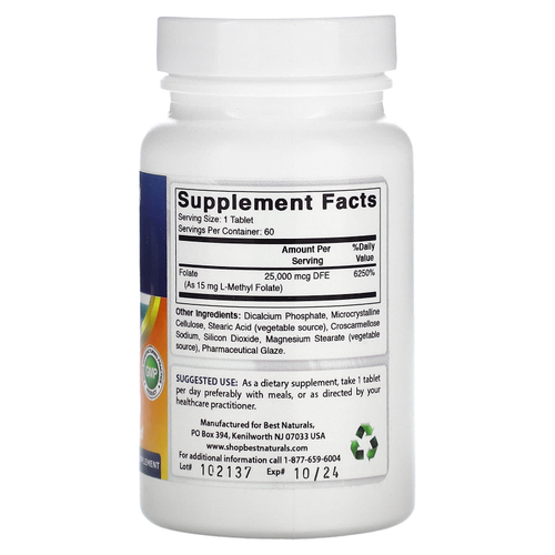 Best Naturals, L-метилфолат, 15000 мкг, 60 таблеток