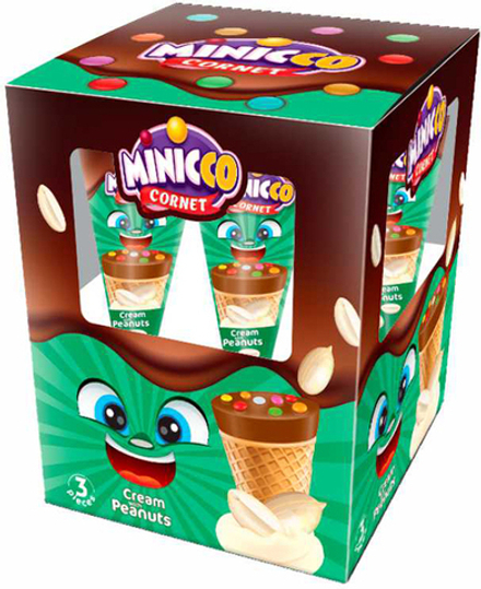 Вафельный рожок Minicco с арахисовым кремом, молочным шоколадом и драже 100г