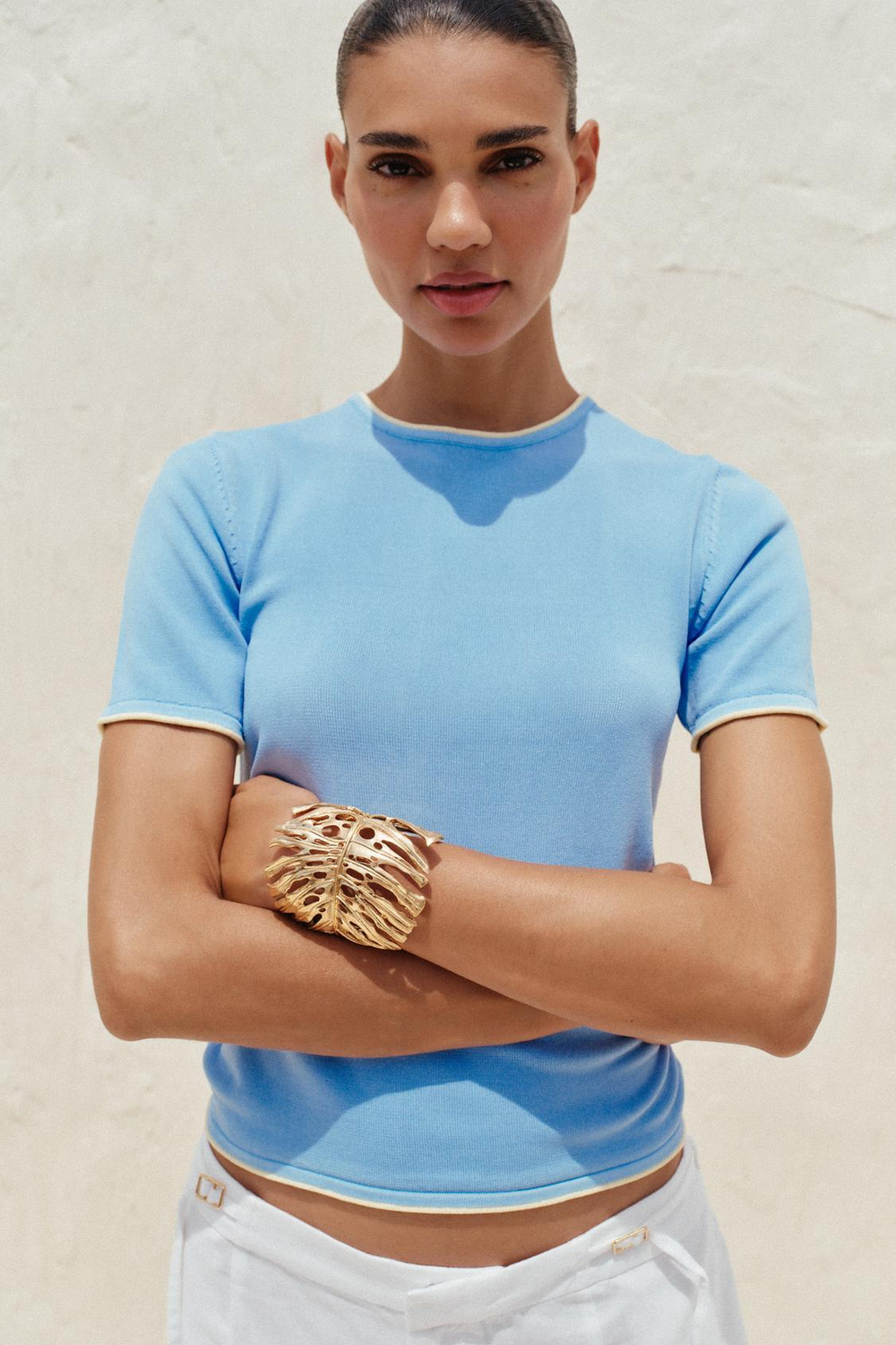 ZARA ТРИКОТАЖНЫЙ ТОП С ОКАНТОВКОЙ, ГОЛУБОЙ