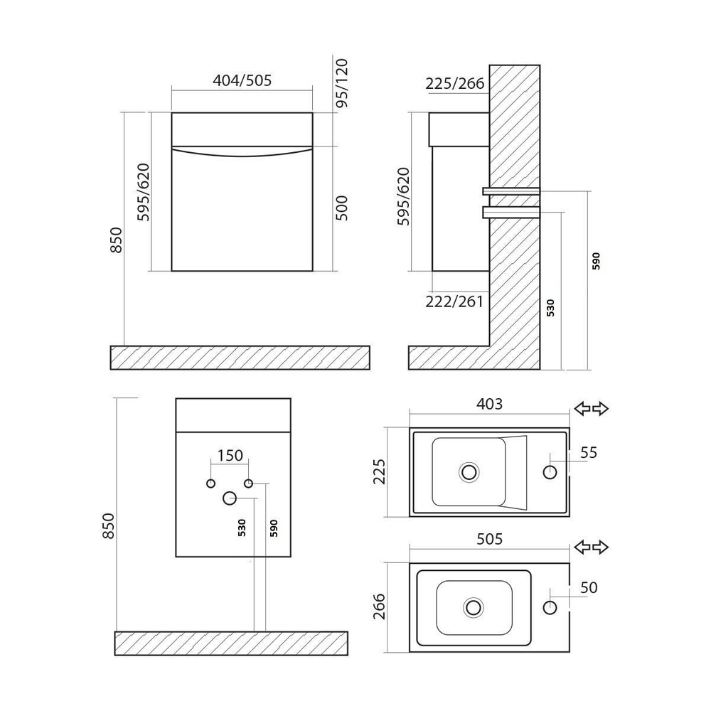 LIBERTY База под раковину подвесная с одной распашной дверцей, Bianco Lucido, 500x220x500, Liberty-500-1D-SO-BL-R