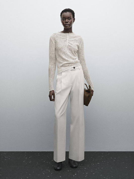 Massimo Dutti Широкие брюки из смесового хлопка со складками, натуральный, кремовый