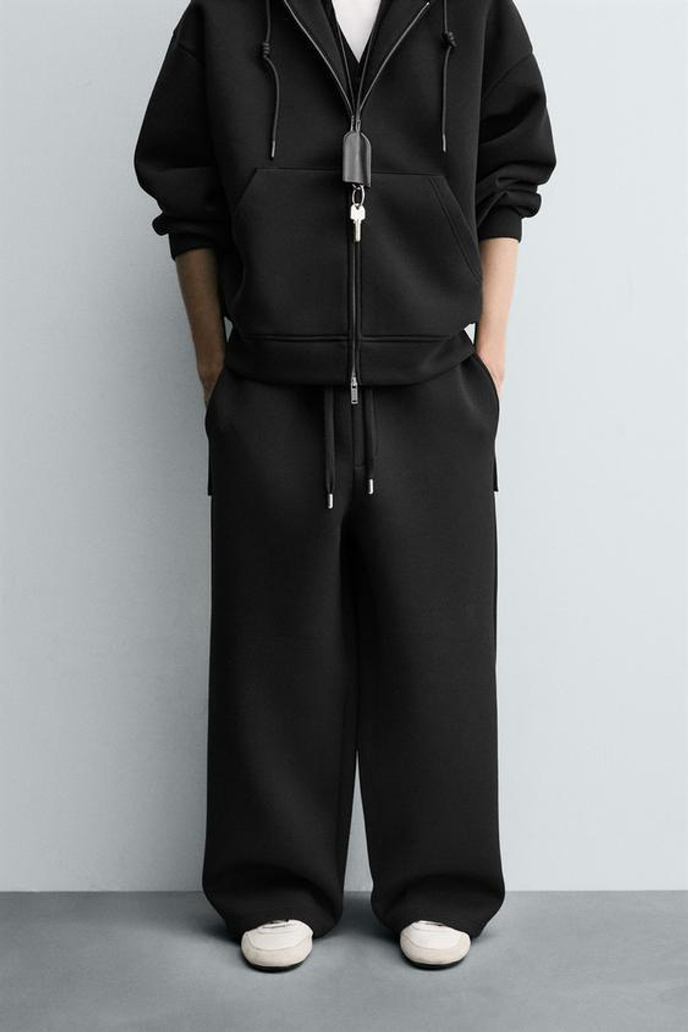 ZARA БРЮКИ INTERLOCK WIDE FIT, ЧЕРНЫЙ