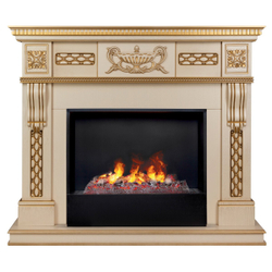Каминокомплект CORSICA LUX/МАЛАГА ЛЮКС Бежевый дуб с золотой патиной с очагом Электроочаг CASSETTE/КАССЕТА 630 С ДРОВАМИ