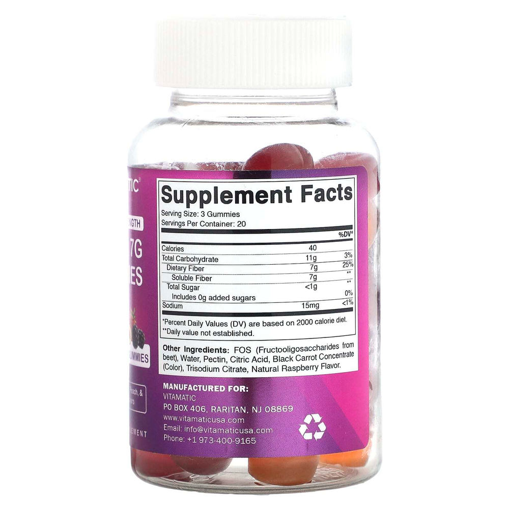 Vitamatic, жевательные таблетки с клетчаткой, повышенная сила действия, натуральные ежевика, персик и клубника, 60 жевательных таблеток