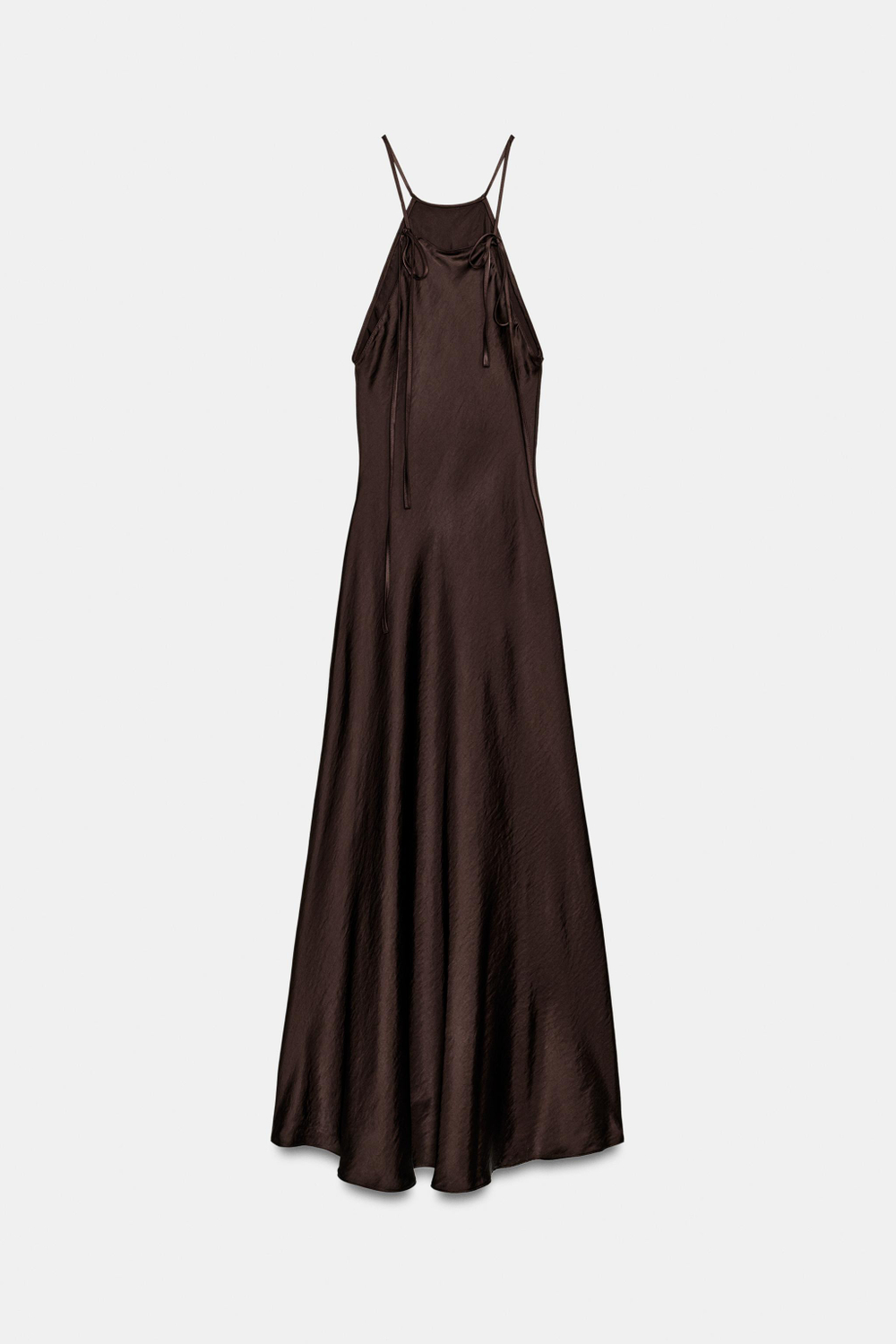 ZARA АТЛАСНОЕ ПЛАТЬЕ ХАЛТЕР ZW COLLECTION, КОРИЧНЕВЫЙ
