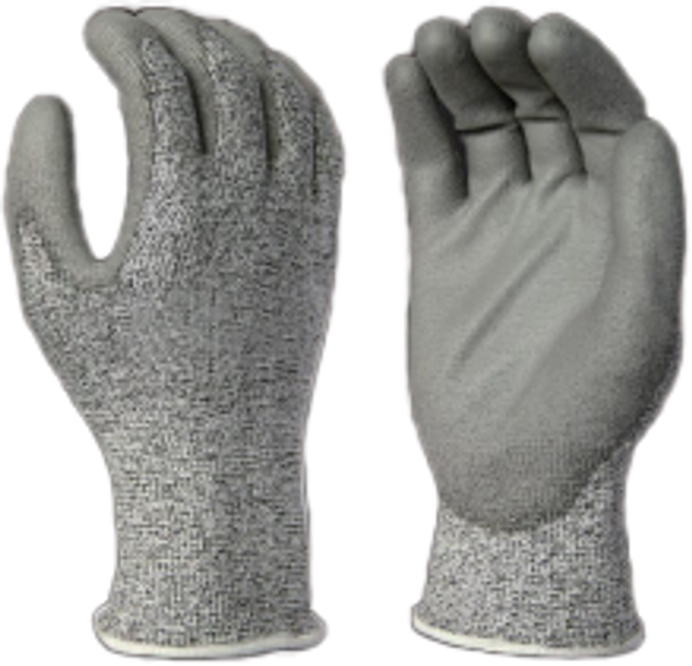 Перачатки серые 13G HPPE подкладка, покрытие ладони серым PU (уровень резки 5)
