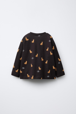 ZARA ФУТБОЛКА С АНИМАЛИСТИЧЕСКИМ ПРИНТОМ, ШОКОЛАДНО-КОРИЧНЕВЫЙ