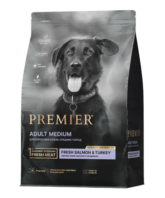 Сухой корм для взрослых собак Premier Dog Adult Medium средних пород с чувствительной кожей и шерстью лосось к с индейкой 10кг