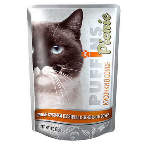 Puffins Picnic Влажный корм для кошек, телятина с печенью в соусе, 85 г