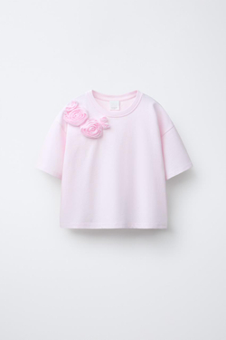 ZARA ФУТБОЛКА С ЦВЕТКОМ ИЗ ОРГАНЗЫ, РОЗОВЫЙ