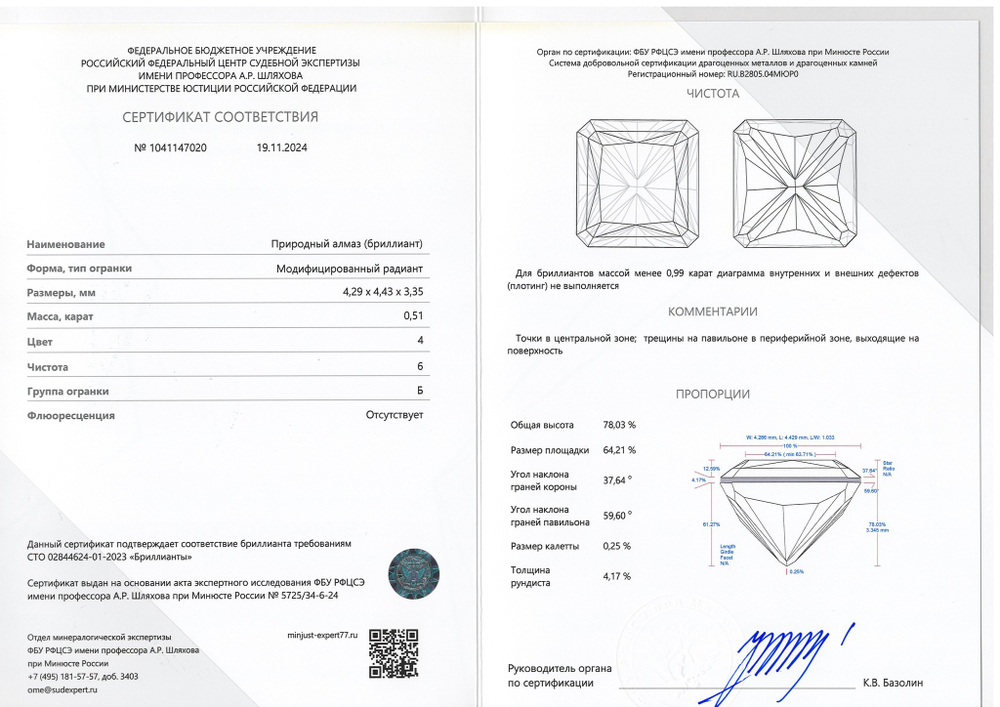 Бриллиант 1041147020 Мод.Ра-0,51-4/6 Б