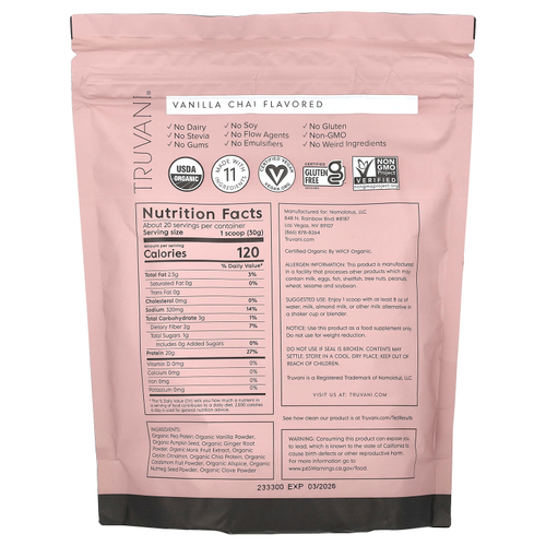 Truvani, Сертифицированный органический растительный протеин, ванильный чай, 612 г (1,35 фунта)