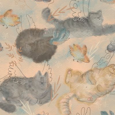 Котики. Растительный паттерн. Паттерн с текстурой.