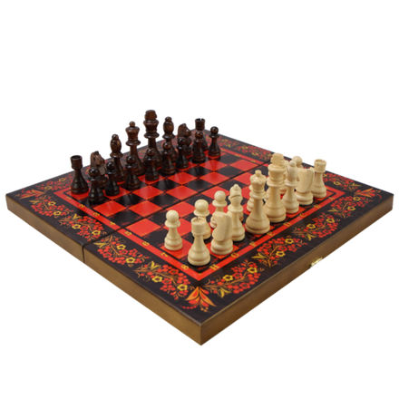 Саввина Набор игр шахматы нарды, шашки с доской Хохлома красная