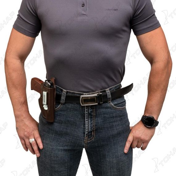 Кобура поясная к ПМ универсальная с пружиной для скрытого ношения(кожа) коричневая (HS-ПК-7к) Helios