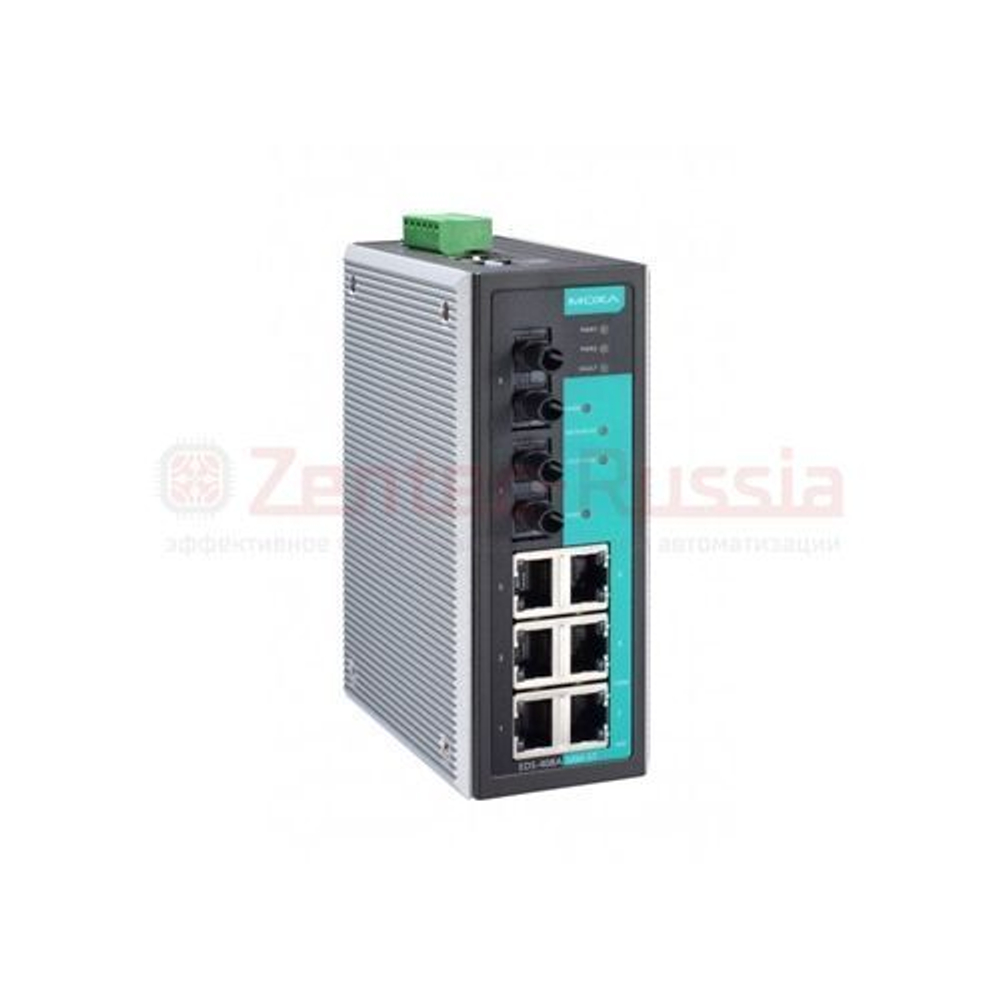 MOXA EDS-408A-MM-ST промышленный управляемый Ethernet коммутатор, 6 портов 10/100 BaseT(X) (разъем RJ45), 2 порта 100BaseFX (многомодовое волокно, разъем ST)