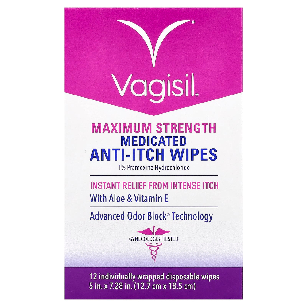 Vagisil, лечебные салфетки против зуда, максимальная сила действия, 12 одноразовых салфеток в индивидуальной упаковке