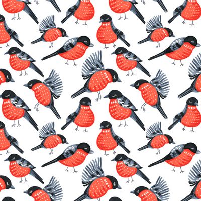 Спящие снегири на белом фоне