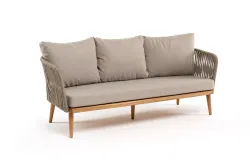 "Мальорка" диван 3-местный плетеный из роупа, основание дуб, роуп серо-коричневый 23мм, ткань бежевая 15052