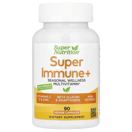 Super Nutrition, Super Immune+, мультивитамины с суперадаптогенами, витаминами C и D, цинком и бета-глюканом, 90 вегетарианских капсул