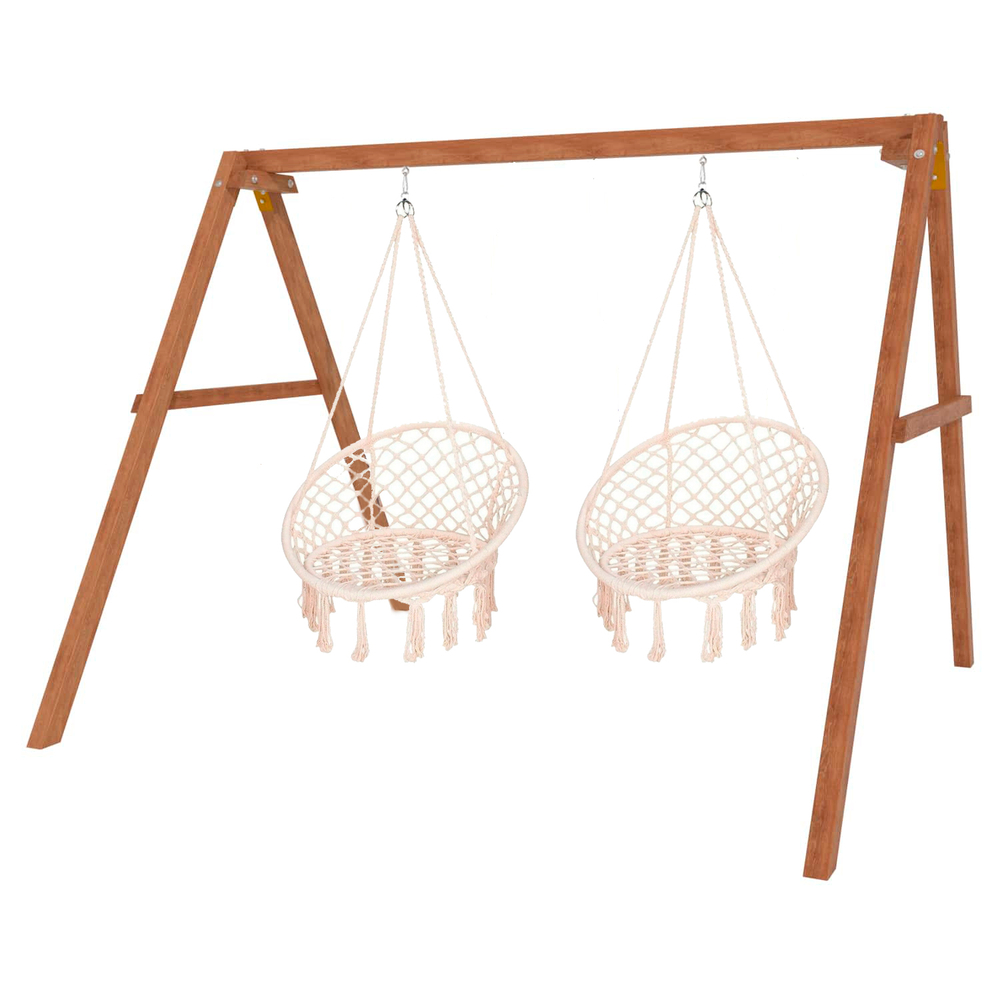 Деревянные качели с подвесными креслами в бежевом цвете