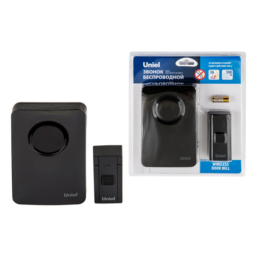 UDB-014W-R1T1-36S-100M-BL Звонок беспроводной. 36 мелодий. Радиус действия 100м. Блистер. Черный. ТМ Uniel