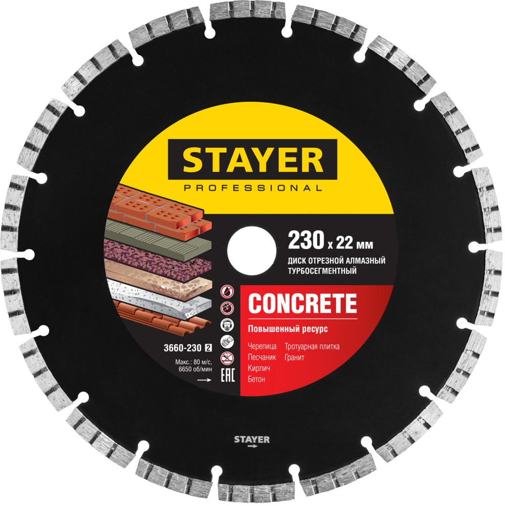 STAYER CONCRETE, 230 мм, (22.2 мм, 7 х 2.4 мм), турбо-сегментный алмазный диск, Professional (3660-230)