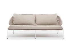 "Милан" диван 3-местный плетеный из роупа, каркас алюминий белый муар, роуп бежевый круглый, ткань бежевая 052