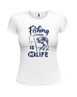 Футболка рыбака Fishing is my life женская приталенная белая с синим рисунком